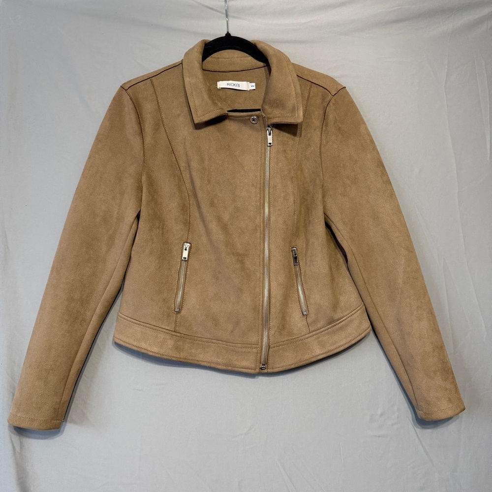 Rickis Womens Faux Suede Moto Full Zip Jacket Size M Tan Soft Stretch Biker